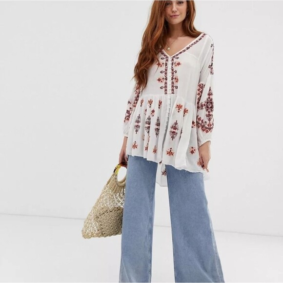 Free People Ariana Embroidered Oversized Tunic Blouse Top Women's Size Small - Picture 1 of 14